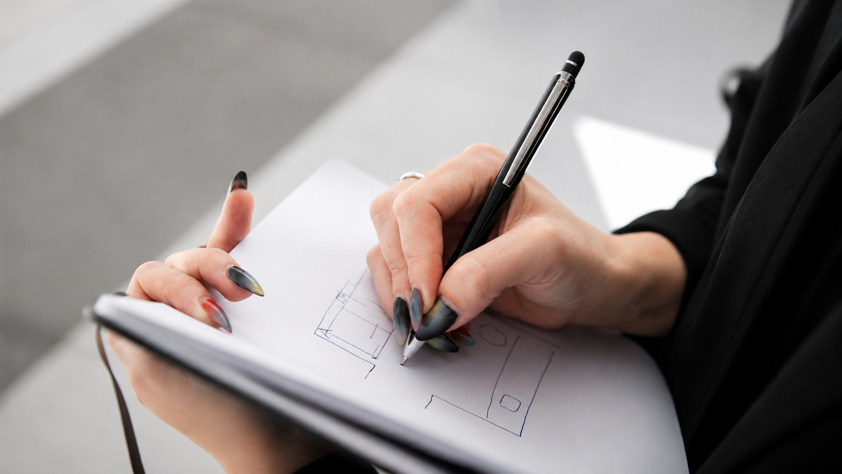 Mãos sobre desenhos técnicos de marcenaria e amostras de materiais